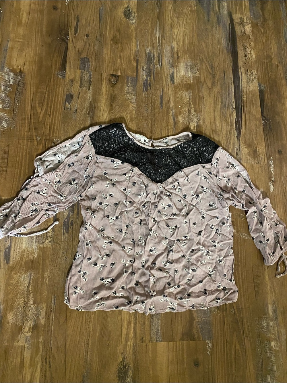 Maurices lavender Floral Blouse with Black Lace Yoke